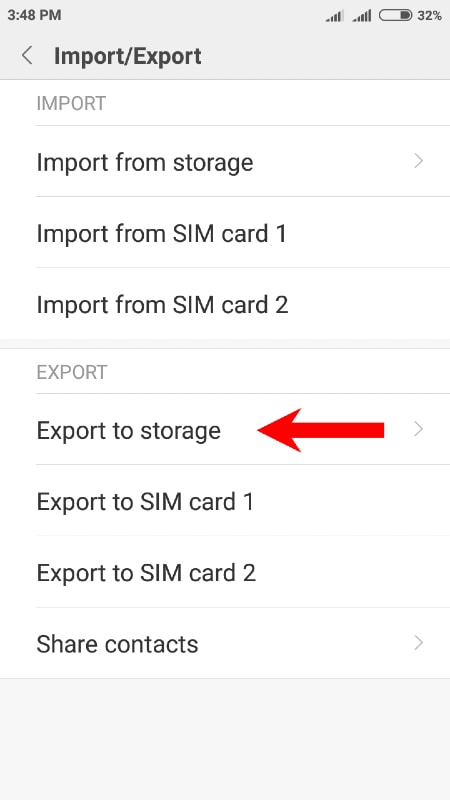 how to export contacts in xiaomi smartphone