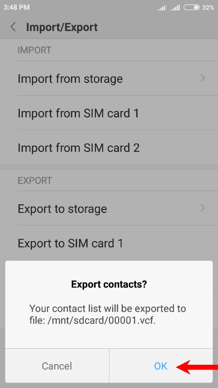 how to export contact in xiaomi mobile