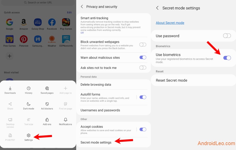 how to enable fingerprint scanner in samsung browser 